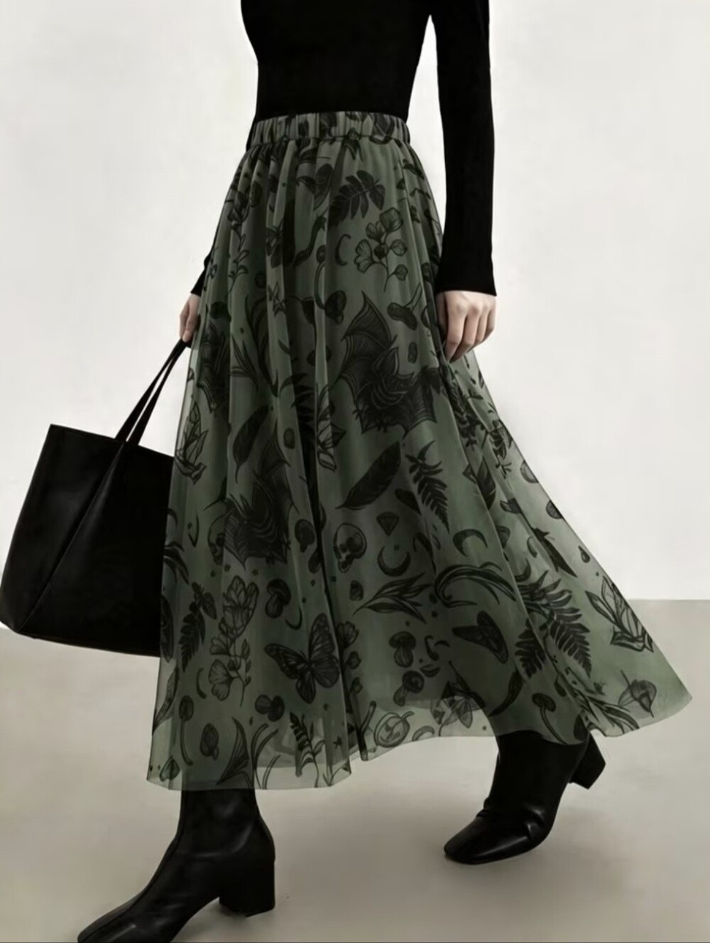 Women's Autumn Bat Skull Mushroom Butterfly Print Mesh Flowy Long Dress